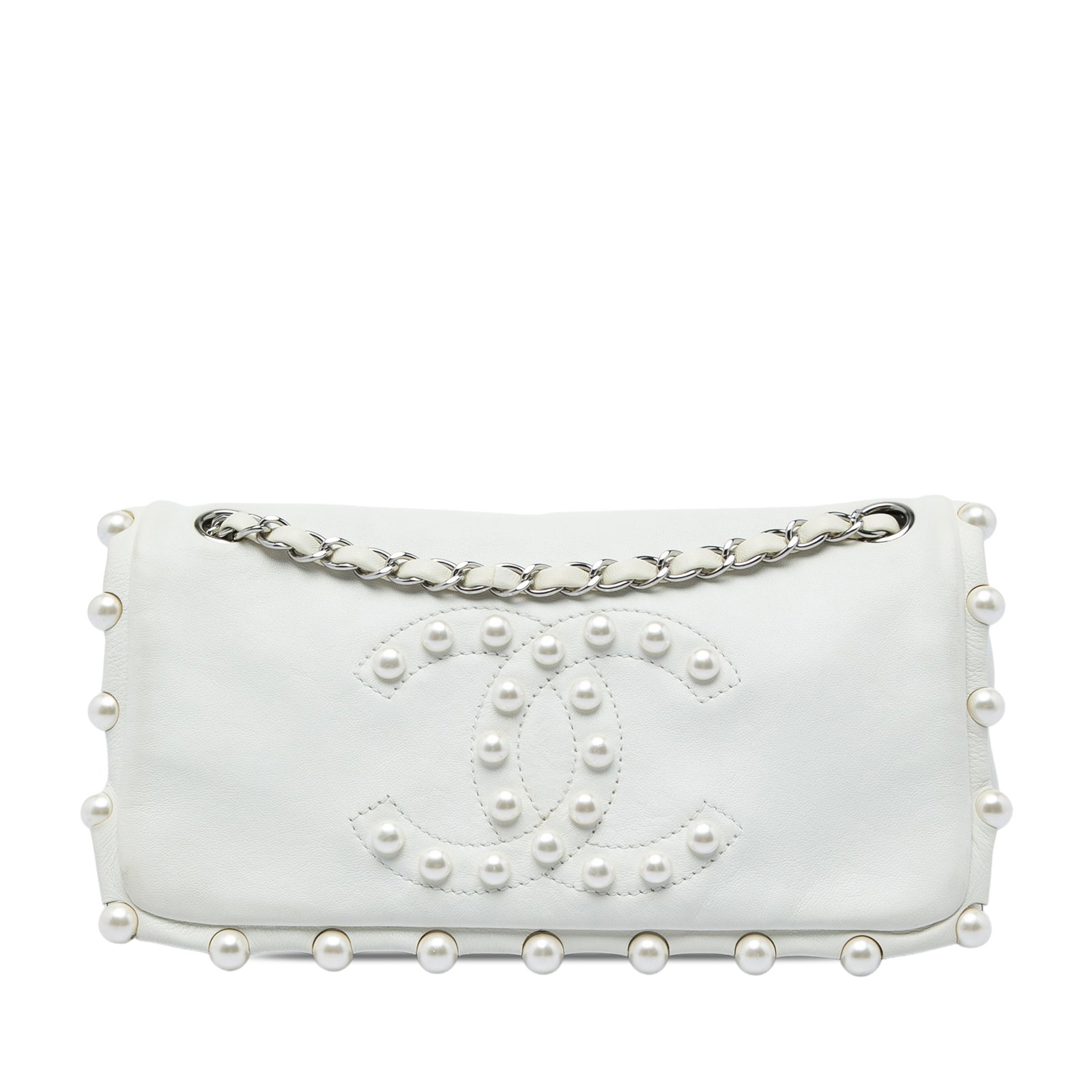 Chanel Pearl Obsession Flap Lambskin Shoulder Bag White: Chanel Pearl Obsession Flap Lambskin Shoulder Bag White A Chanel Pearl Obsession Flap crafted in white lambskin leather with faux pearl details and a leather-woven chain strap. The flap bag features a
