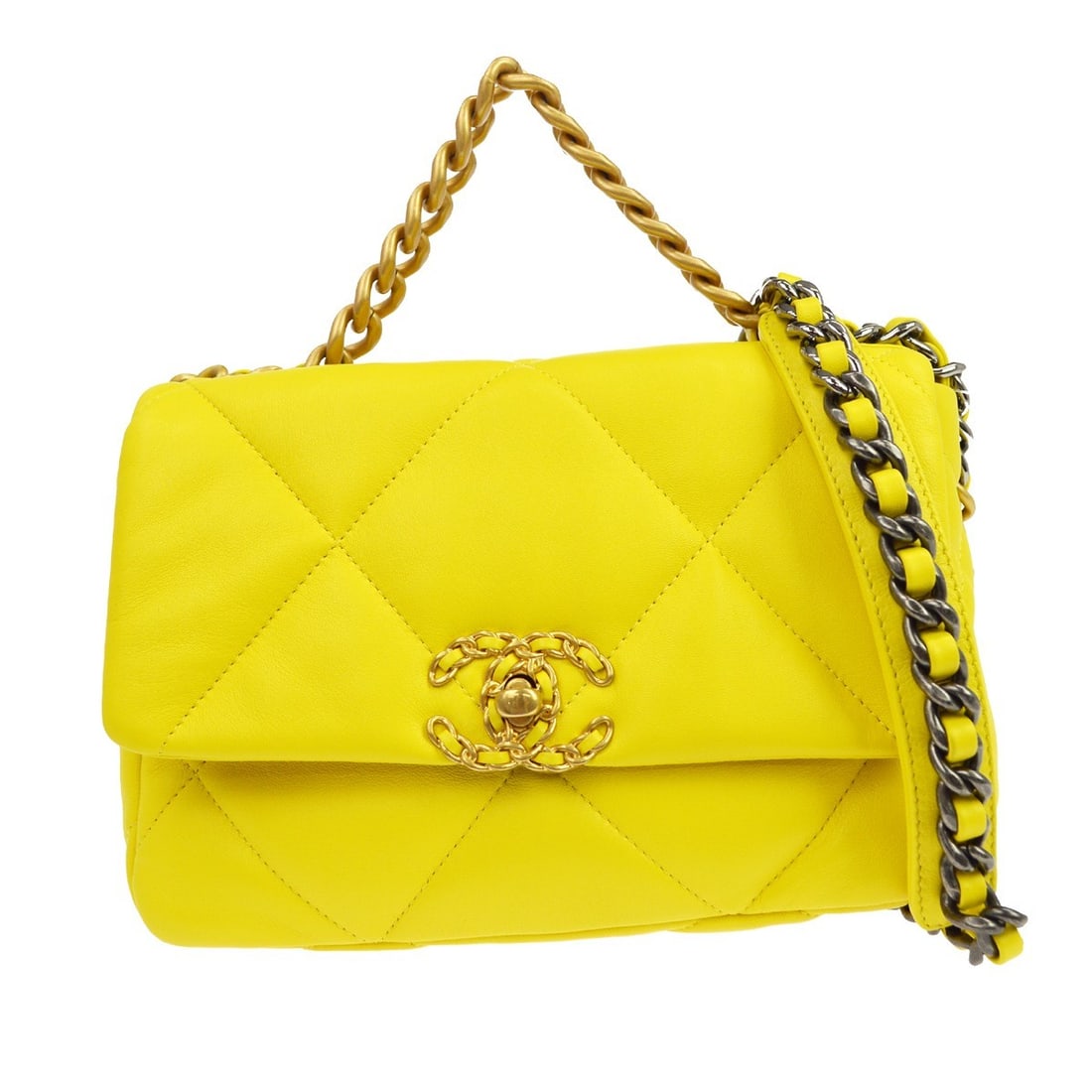 CHANEL 19 Medium Shoulder Bag in Yellow Quilted Lambskin: CHANEL 19 Medium Shoulder Bag in Yellow Quilted Lambskin Vintage Chanel 19 Flap shoulder bag in yellow quilted lambskin leather. This medium bag features a turn lock closure, leather shoulder strap, y