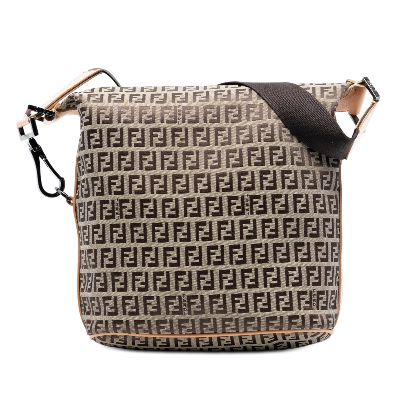 Fendi Zucchino beige canvas shoulder bag: Fendi Zucchino beige canvas shoulder bag This Fendi Zucchino Canvas Shoulder Bag features a beige canvas body accented with leather trim, a flat canvas strap, a top zip closure, and an interior zip po