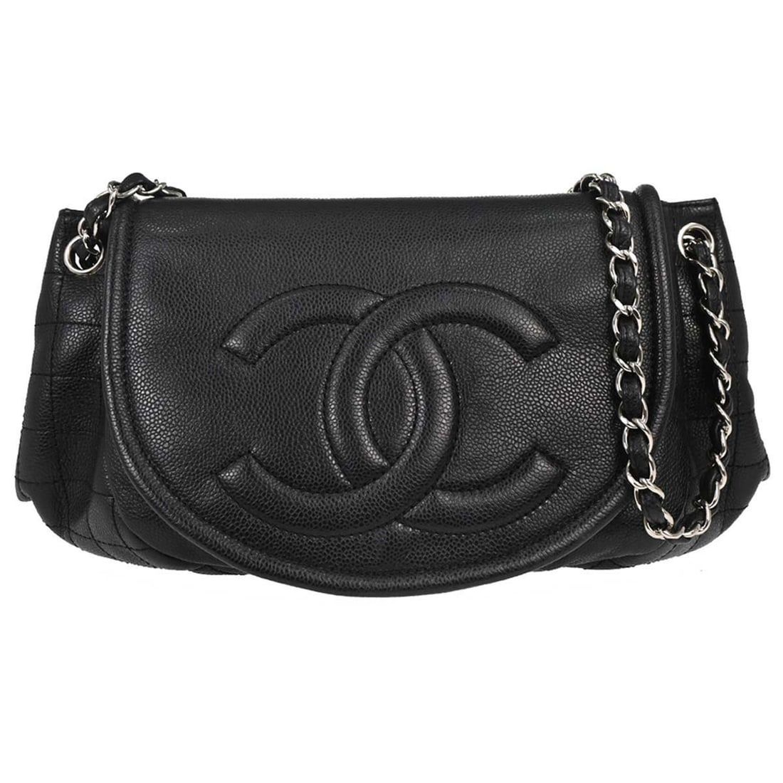 CHANEL Half Moon Flap Shoulder Bag Black Caviar Leather: CHANEL Half Moon Flap Shoulder Bag Black Caviar Leather Chanel half moon flap shoulder bag in black caviar skin leather with a magnetic closure, logo accent, and chain shoulder strap. Made in France, 