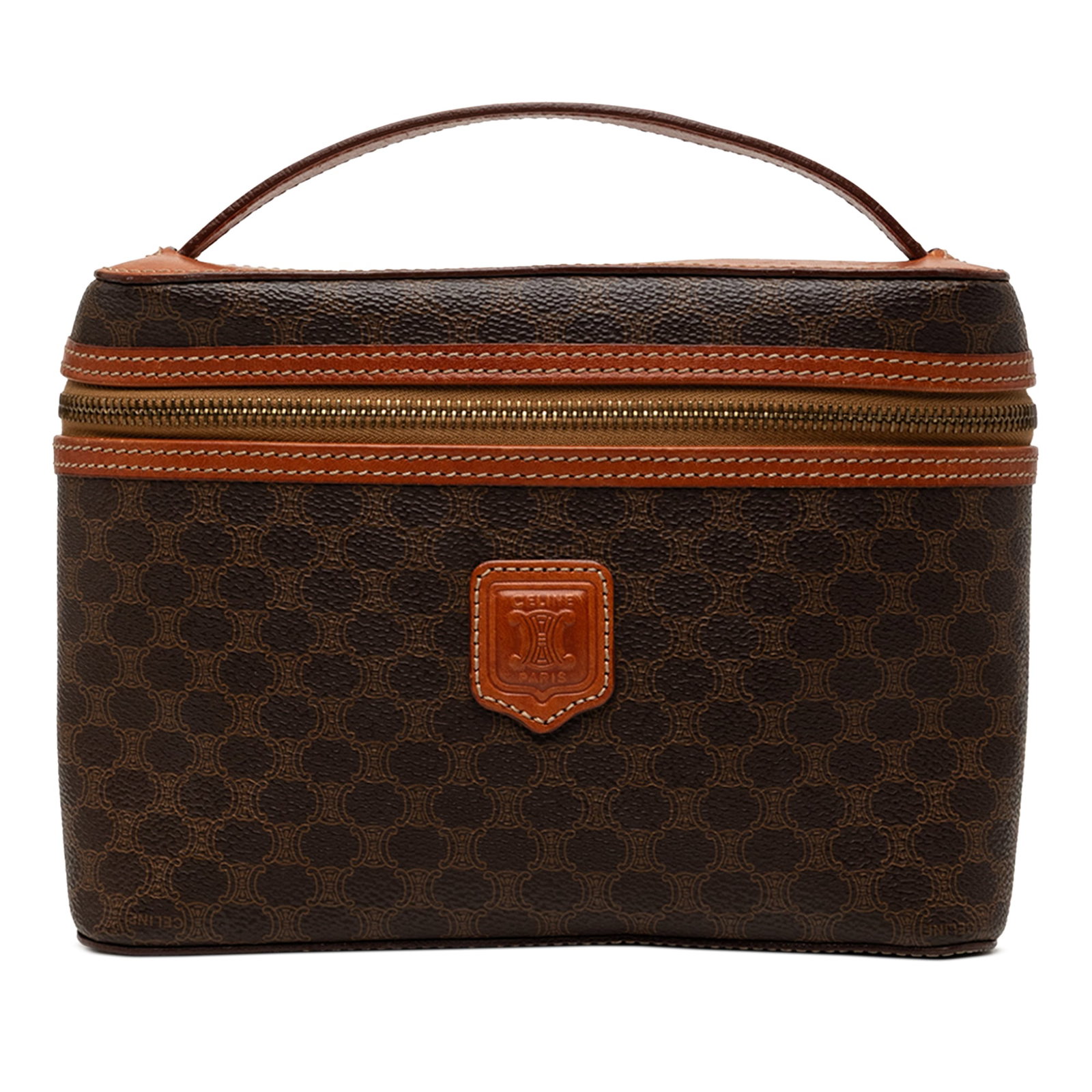Celine Macadam vanity bag in coated canvas with leather trim: Celine Macadam vanity bag in coated canvas with leather trim Celine Macadam vanity bag in brown coated canvas with leather trim. This structured bag features a flat leather top handle and a zip-around