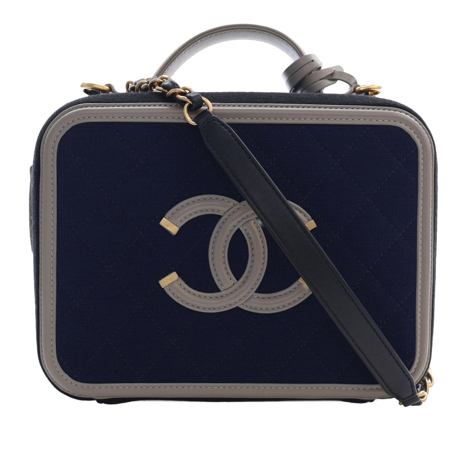 Chanel CC Filigree Medium Vanity Bag Tricolor Jersey: Chanel CC Filigree Medium Vanity Bag Tricolor Jersey This Chanel Filigree Vanity Bag features a quilted jersey body with a tricolor design, a flat leather top handle, and a leather-woven chain strap w