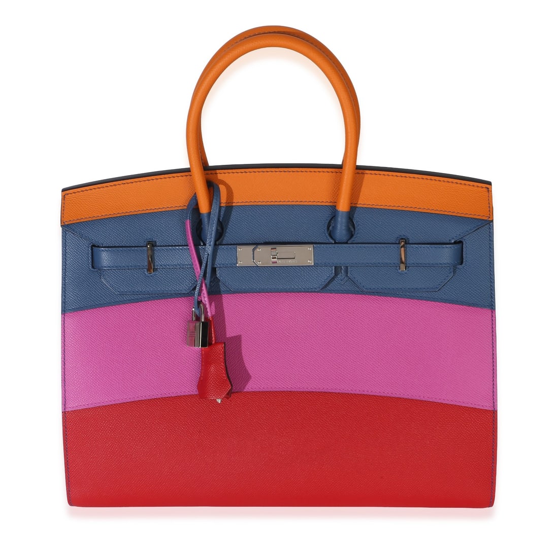 Hermes Sunset Sellier Birkin 35 Epsom Leather Multicolor Handbag: Hermes Sunset Sellier Birkin 35 Epsom Leather Multicolor Handbag Pre-owned Hermes Sunset Sellier Birkin 35 handbag in Epsom leather with a multicolor exterior and blue leather lining. This top handle 