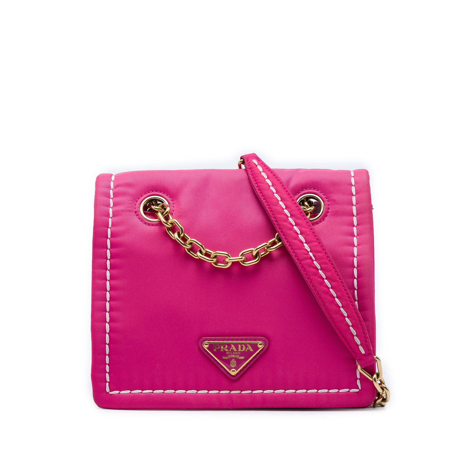 Prada Tessuto Flap Crossbody Bag Small Pink Chain Strap: Prada Tessuto Flap Crossbody Bag Small Pink Chain Strap A compact Prada crossbody bag crafted with a nylon body and a structured flap front. It features a gold-tone chain link strap with a shoulder pa