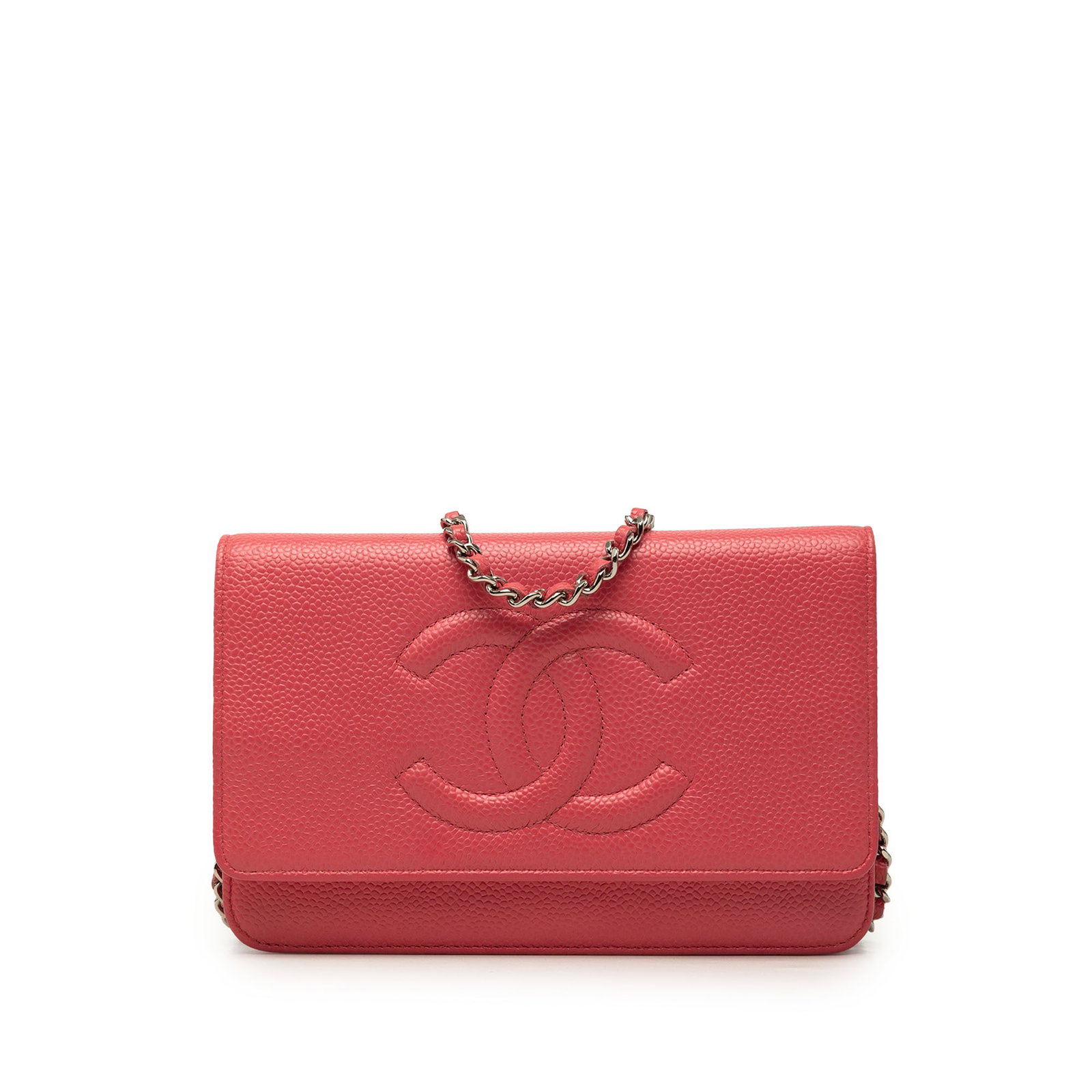 Chanel CC Wallet On Chain in Pink Caviar Leather: Chanel CC Wallet On Chain in Pink Caviar Leather Chanel CC Caviar Wallet On Chain in pink caviar leather with a leather-woven chain link strap and top flap snap closure. The interior includes zip and 