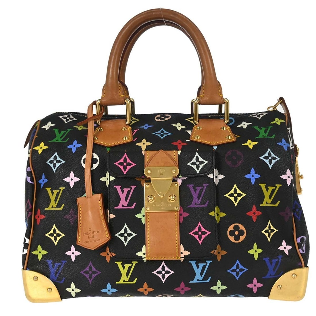 Louis Vuitton Speedy 30 Black Monogram Multicolor Bag M92642: Louis Vuitton Speedy 30 Black Monogram Multicolor Bag M92642 Louis Vuitton Speedy 30 handbag in black Monogram Multicolor canvas with leather trim and double handles. This medium handbag features a zi