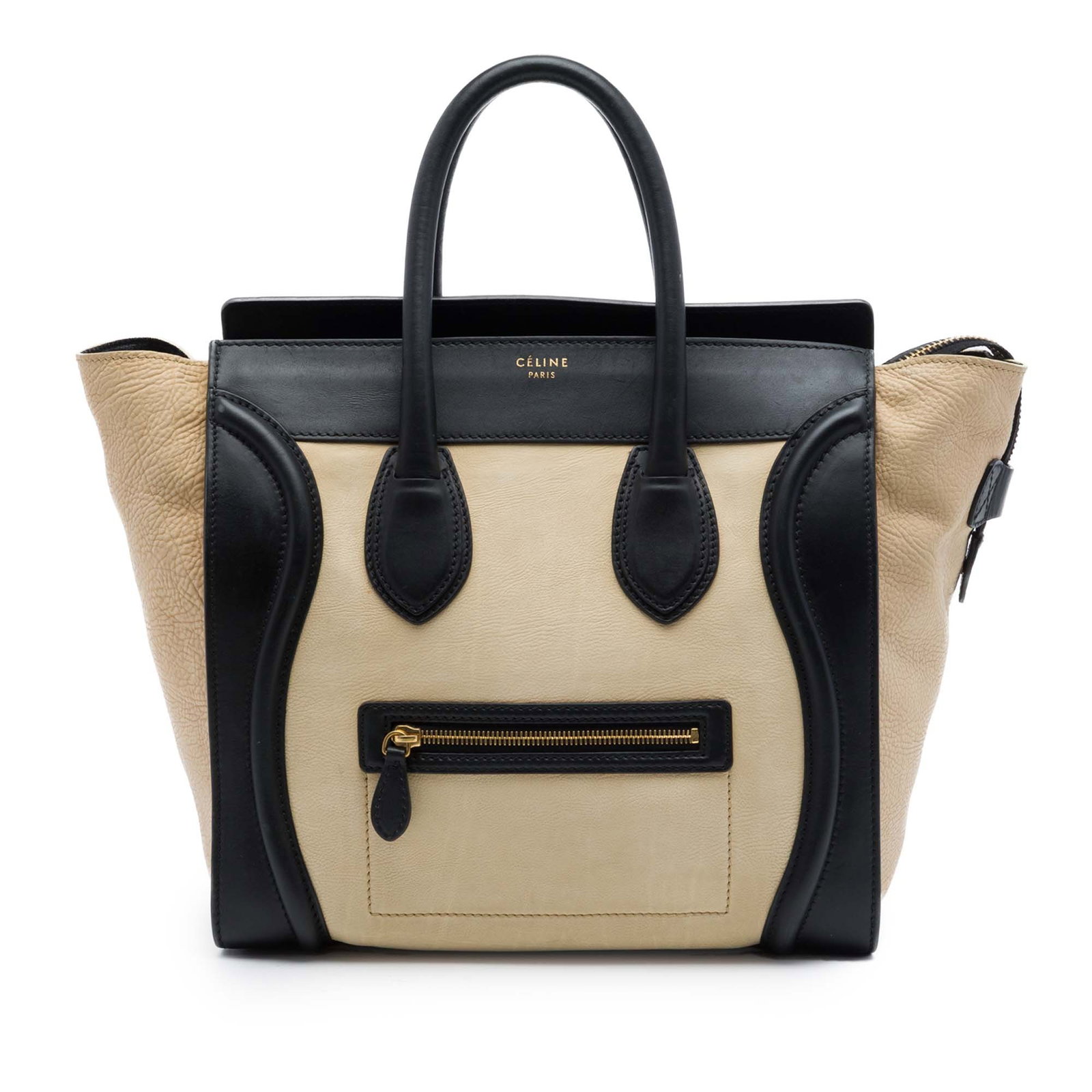 Celine Mini Luggage Tote Bicolor Beige Leather Handbag: Celine Mini Luggage Tote Bicolor Beige Leather Handbag A structured and recognizable Celine Mini Bicolor Leather Luggage Tote crafted in leather. This tote features rolled leather handles, a top zip c