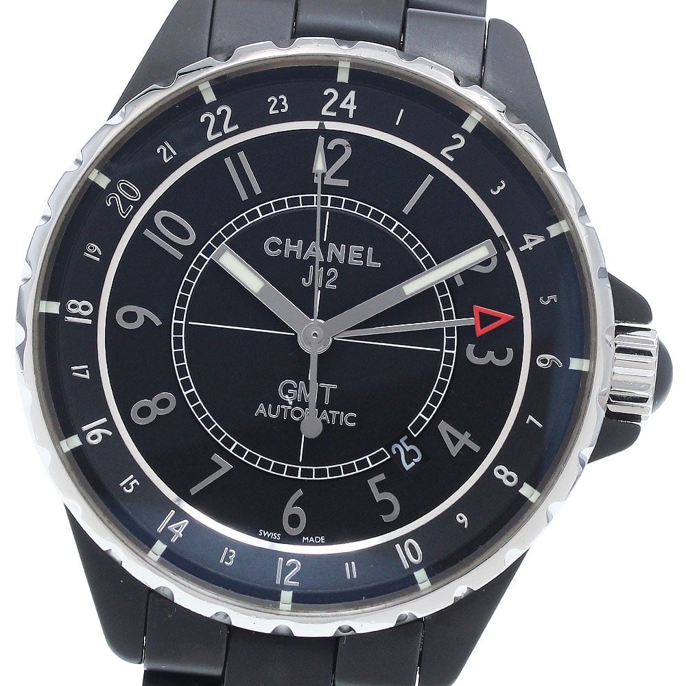 Chanel J12 H3101 GMT Automatic Mens Black Wristwatch: Chanel J12 H3101 GMT Automatic Mens Black Wristwatch Chanel J12 GMT automatic men's wristwatch with a matte black design. This Swiss-made watch features a black dial with date and GMT functions, along