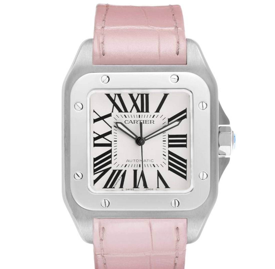 Cartier Santos 100 Unisex Watch Ref W20126X8 Pink Leather Band Card: Cartier Santos 100 Unisex Watch Ref W20126X8 Pink Leather Band Card Cartier Santos 100 wristwatch featuring a silvere opaline Roman numeral dial, fixed bezel, and pink leather band. This unisex watch 