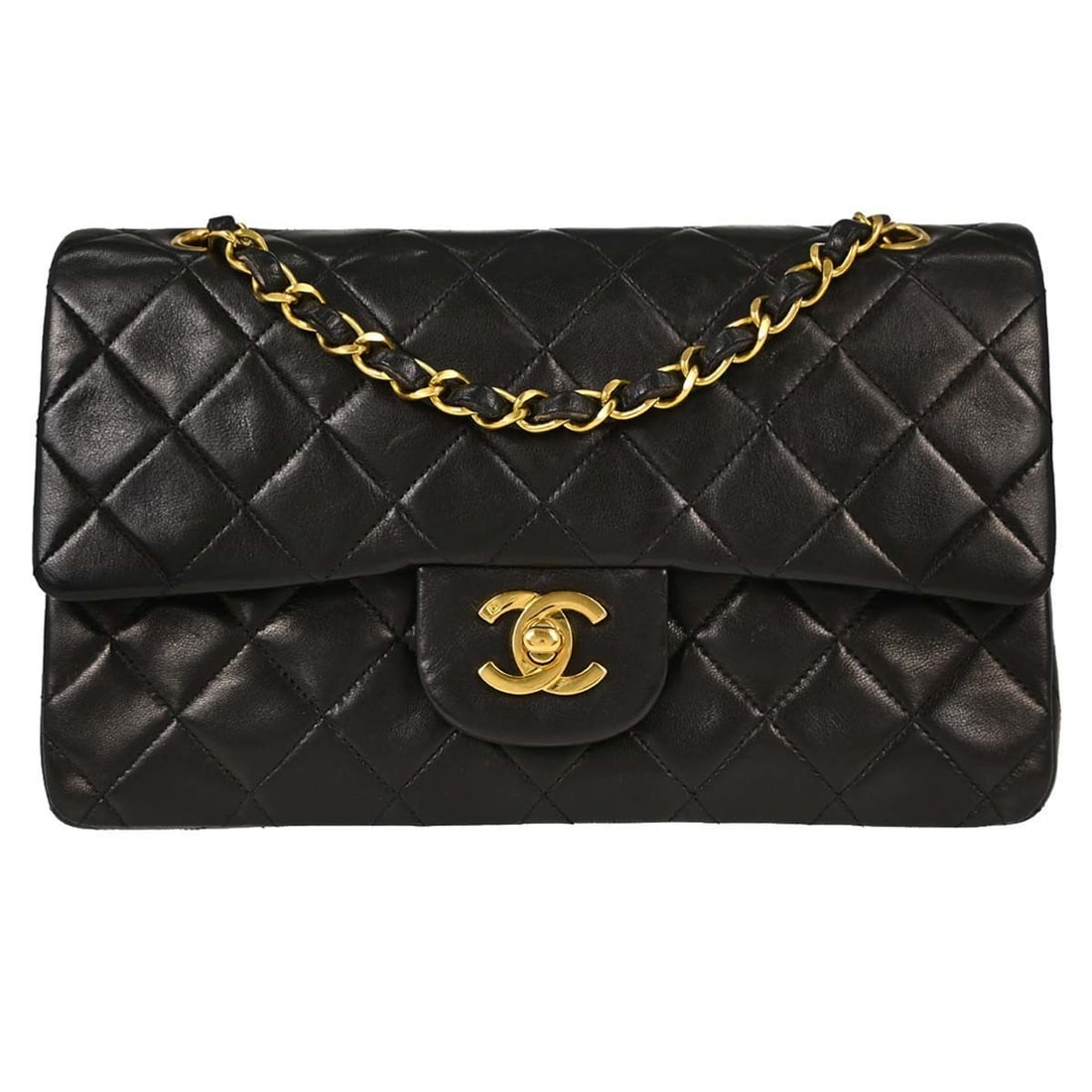 CHANEL Classic Double Flap Small Black Lambskin Shoulder Bag: CHANEL Classic Double Flap Small Black Lambskin Shoulder Bag Chanel Small Classic Double Flap shoulder bag in black lambskin with matelasse quilting, a flap turnlock closure, and chain shoulder strap.
