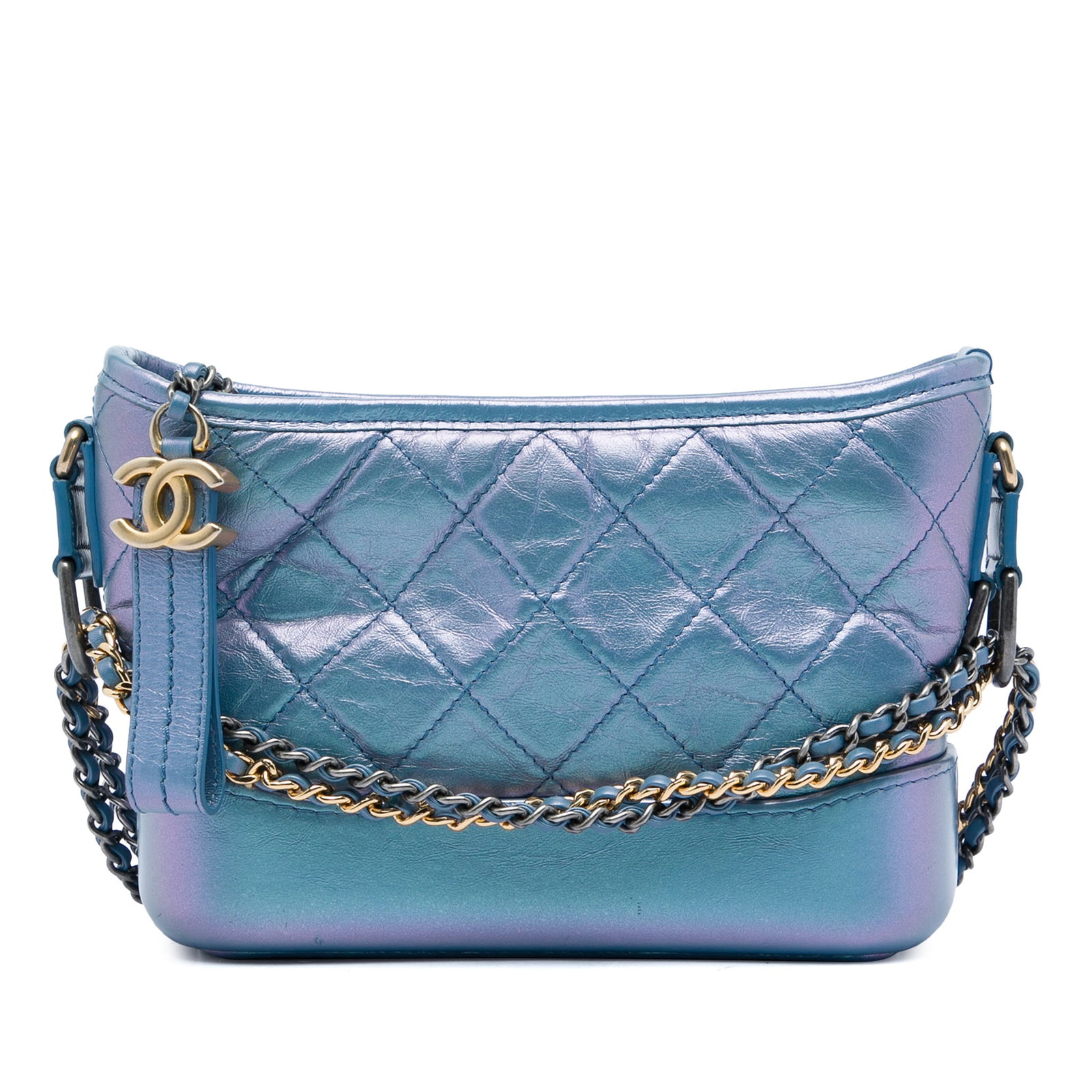 Chanel Gabrielle Hobo Small Blue Iridescent Quilted Calfskin Bag: Chanel Gabrielle Hobo Small Blue Iridescent Quilted Calfskin Bag A Chanel Gabrielle Hobo crossbody bag crafted in quilted iridescent aged calfskin leather. This small bag features a leather-woven chai