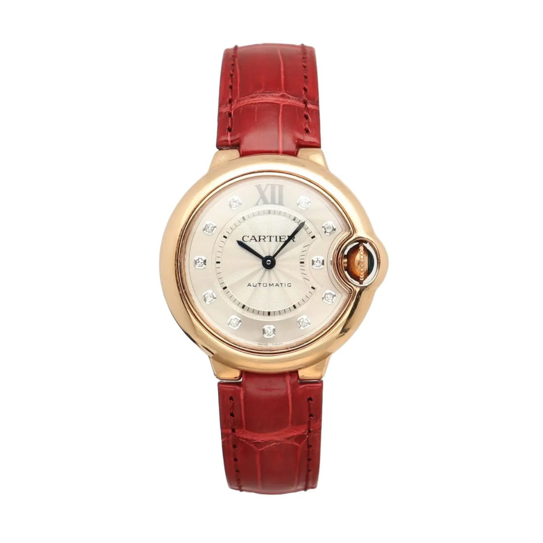 Cartier Ballon Bleu De 33mm Rose Gold Wristwatch Silver Dial Ref 3490 WE902040: Cartier Ballon Bleu De 33mm Rose Gold Wristwatch Silver Dial Ref 3490 WE902040 Pre-owned Cartier Ballon Bleu wristwatch with a silver dial, diamond markers, and a polished 18K rose gold case. This aut