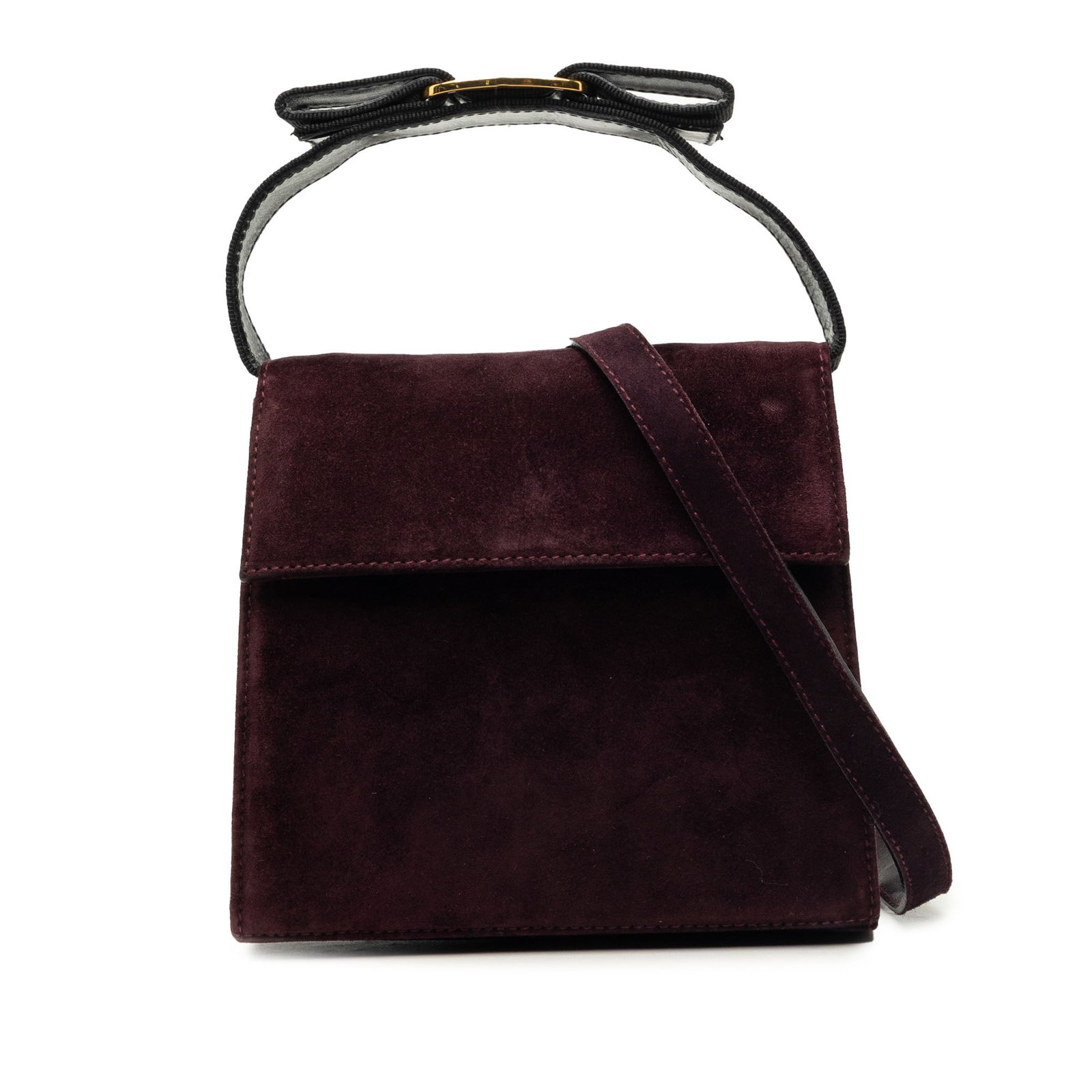 Ferragamo Vara Bow Purple Suede Satchel with Shoulder Strap: Ferragamo Vara Bow Purple Suede Satchel with Shoulder Strap Ferragamo suede Vara Bow top handle bag in purple with a structured satchel silhouette. It features a top handle with ribbon detail, a flat 