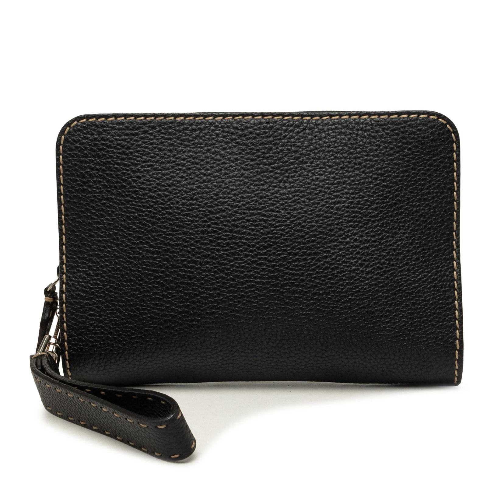 Fendi Cuoio Romano Selleria leather wristlet clutch black: Fendi Cuoio Romano Selleria leather wristlet clutch black Fendi Cuoio Romano Selleria zip around wristlet pouch crafted in grained leather. This black wristlet features a flat leather wrist strap, zip