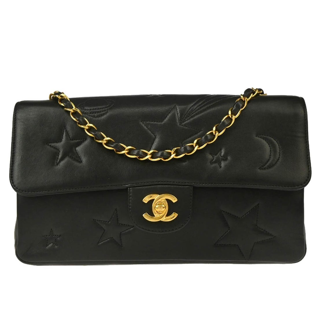 CHANEL Medium Classic Single Flap Shoulder Bag Black Lambskin: CHANEL Medium Classic Single Flap Shoulder Bag Black Lambskin Medium Chanel Classic Single Flap shoulder bag in black lambskin leather with star stitch quilting and a turnlock flap closure. This women