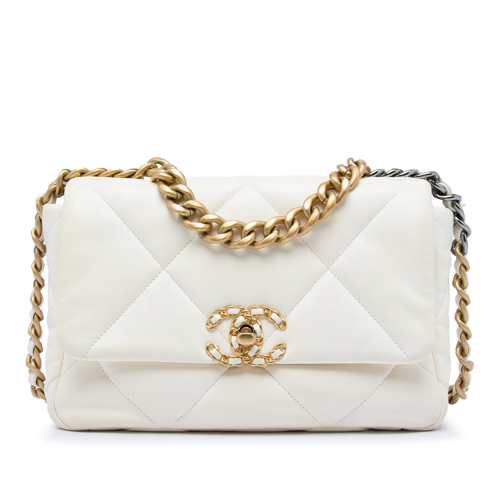 Chanel 19 Medium Flap Shoulder Bag White Lambskin: Chanel 19 Medium Flap Shoulder Bag White Lambskin Medium Chanel 19 Flap bag in white quilted lambskin leather with a flap front and CC twist-lock closure. The bag features a gold-tone chain handle, a 