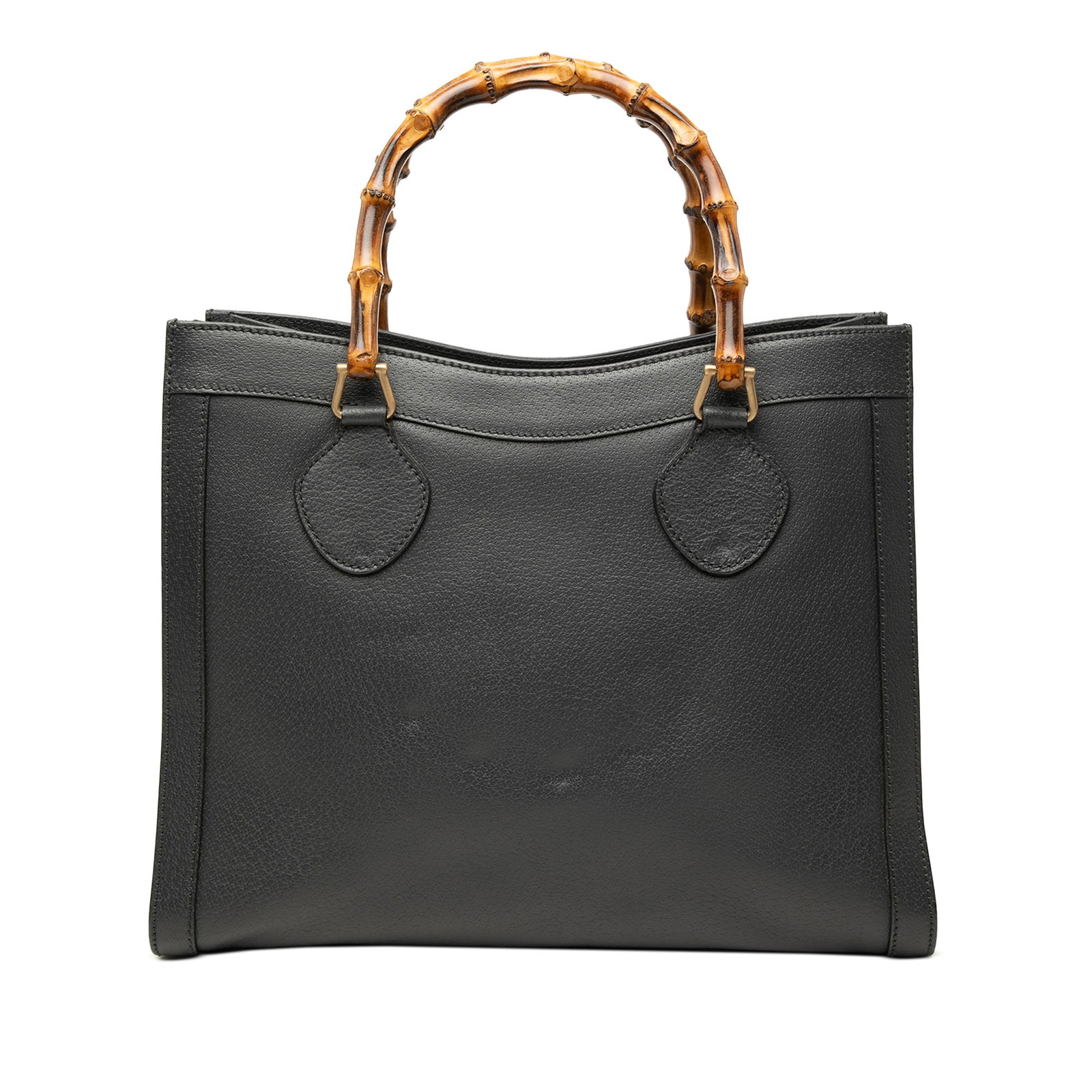 Gucci Diana Medium Bamboo Handle Black Leather Tote Bag: Gucci Diana Medium Bamboo Handle Black Leather Tote Bag Gucci Medium Leather Bamboo Diana Tote in black leather with signature bamboo top handles and an open top with magnetic snap closure. The interi
