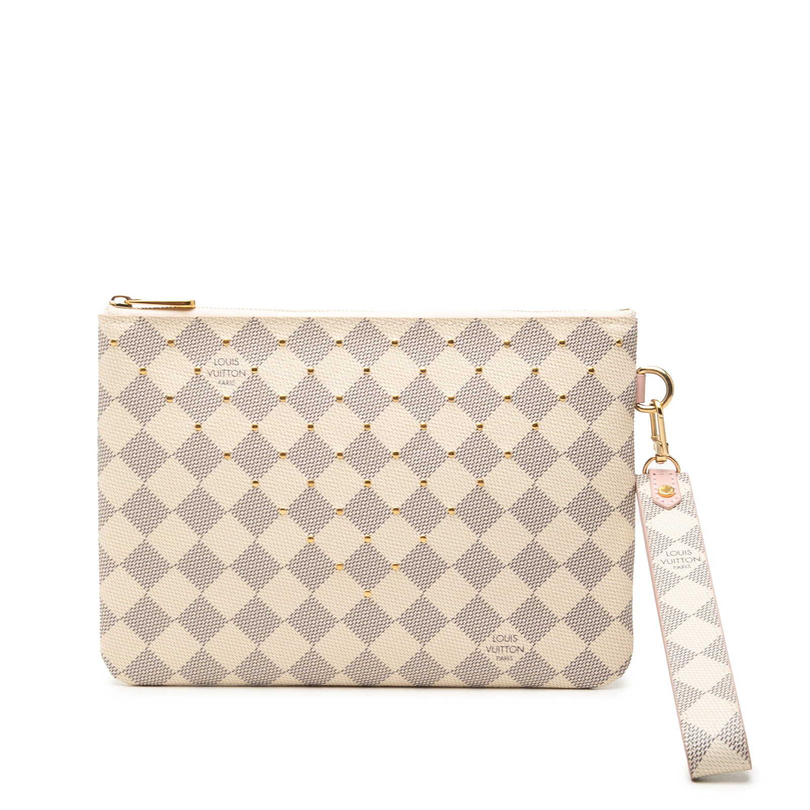 Louis Vuitton Damier Azur wristlet clutch with studded canvas: Louis Vuitton Damier Azur wristlet clutch with studded canvas Louis Vuitton Damier Azur City Pouch clutch bag crafted in damier canvas with studded detailing. It features a flat wrist strap and top zi