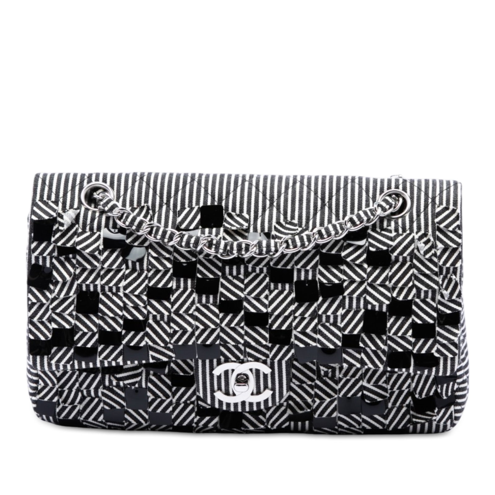 Chanel Medium Classic Double Flap Shoulder Bag in Black Canvas: Chanel Medium Classic Double Flap Shoulder Bag in Black Canvas A Chanel Medium Classic shoulder bag crafted in canvas with fringe detailing and plastic sequin stripe accents. The design features fabri