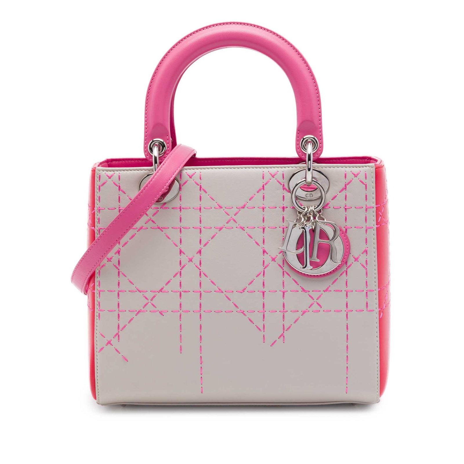 Dior Lady Dior Medium Tricolor Lambskin Shoulder Bag: Dior Lady Dior Medium Tricolor Lambskin Shoulder Bag Medium Lady Dior handbag in tricolor lambskin leather with Macrocannage stitching. It features flat leather top handles, a detachable flat leather 