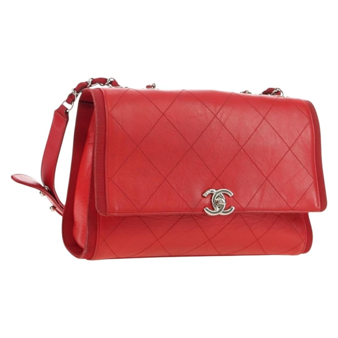 CHANEL Red Lamb Skin Shoulder Bag with Silver CC Chain: CHANEL Red Lamb Skin Shoulder Bag with Silver CC Chain Chanel chain shoulder bag in red lamb skin with silver-tone CC detailing. Made in Italy, this women's shoulder bag includes the item shown in the