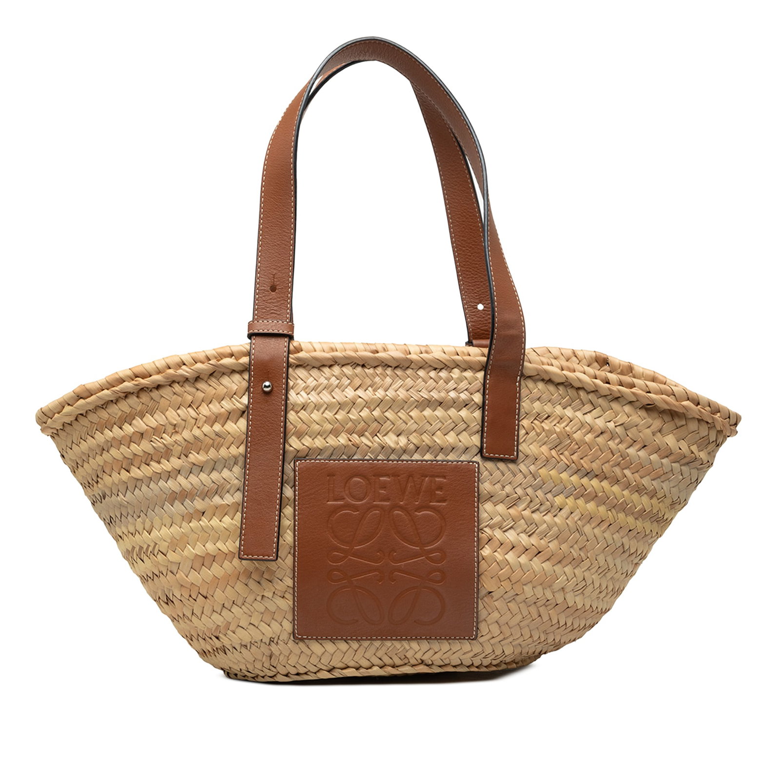 LOEWE Anagram Medium Basket Tote in Raffia and Leather: LOEWE Anagram Medium Basket Tote in Raffia and Leather A LOEWE Medium Raffia Anagram Basket Tote crafted with a raffia and leather body, adjustable flat leather shoulder straps, and an open top. Made 