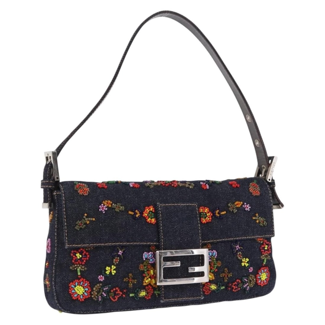FENDI Mamma Baguette Women's Canvas Shoulder Bag Multicolor Silver: FENDI Mamma Baguette Women's Canvas Shoulder Bag Multicolor Silver Fendi Mamma Baguette shoulder bag in multicolor denim canvas with bead detailing and silver-tone accents. Made in Italy, this women's