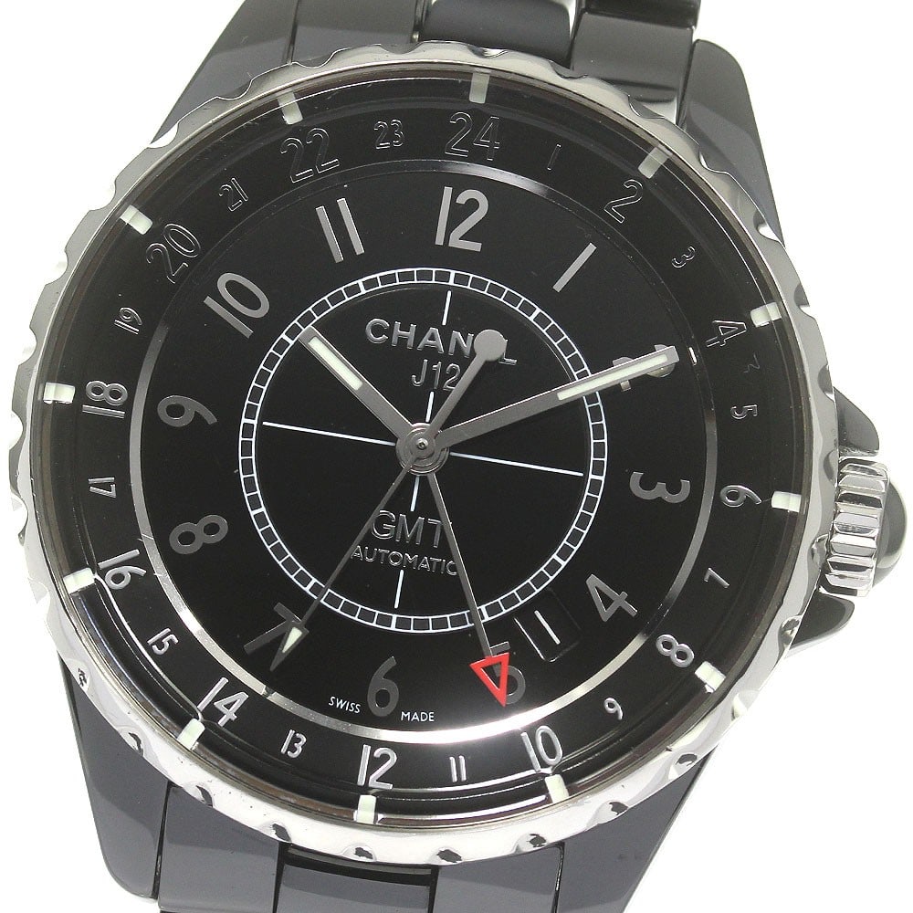 CHANEL J12 GMT H3102 mens automatic black ceramic wristwatch: CHANEL J12 GMT H3102 mens automatic black ceramic wristwatch Chanel J12 GMT men's wristwatch with a black dial and automatic movement. This Swiss-made model features a stainless steel and ceramic case