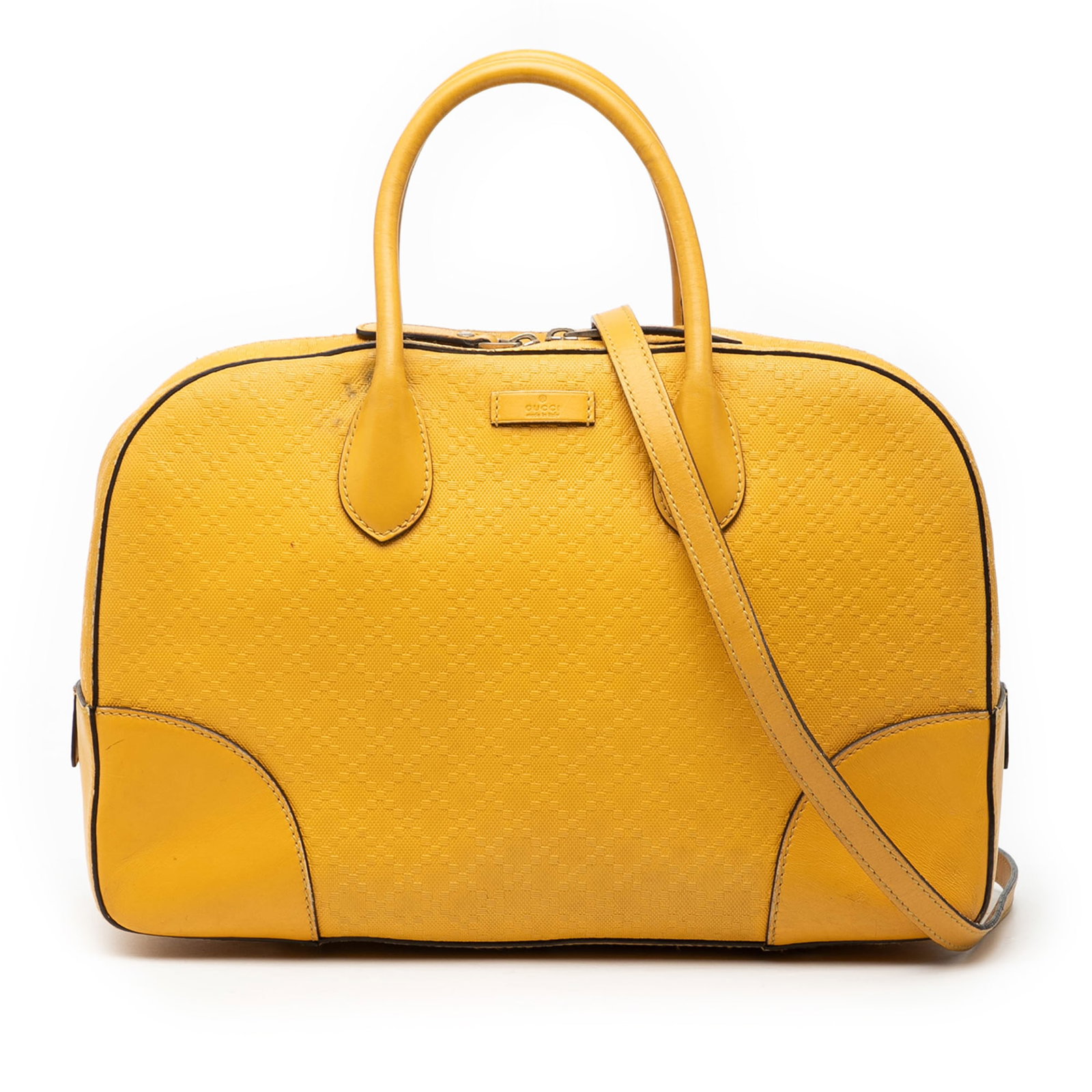 Yellow Diamante Bright Leather Satchel Bag by Gucci with Detachable Strap: Yellow Diamante Bright Leather Satchel Bag by Gucci with Detachable Strap This Gucci Diamante Bright Leather Satchel features an embossed yellow leather body with rolled leather handles and a detachab