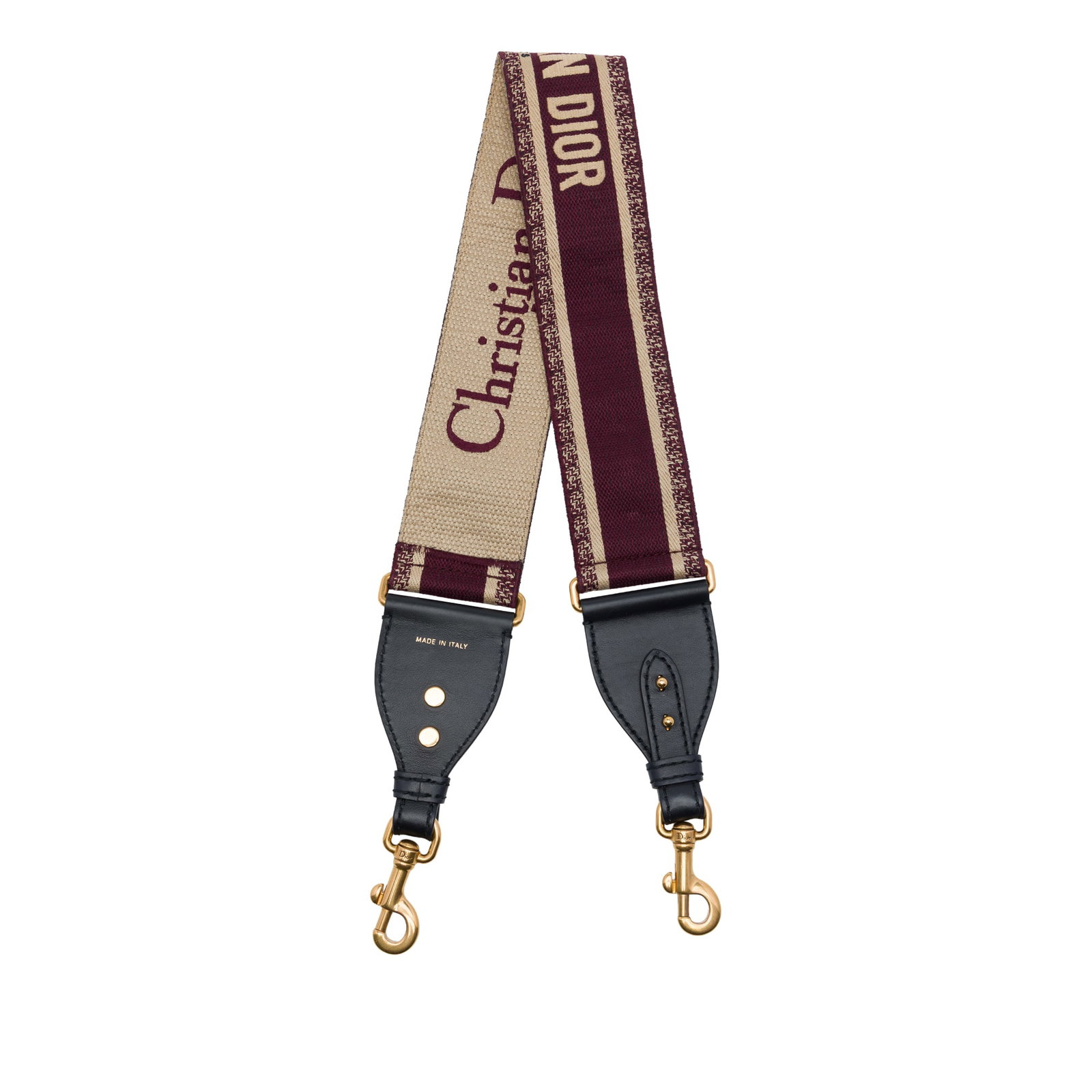 Dior Canvas Logo Embroidered Strap with Leather Trim: Dior Canvas Logo Embroidered Strap with Leather Trim Dior shoulder strap crafted in canvas with leather trim and gold tone metal hardware. The embroidered design and red color give it a distinctive lo