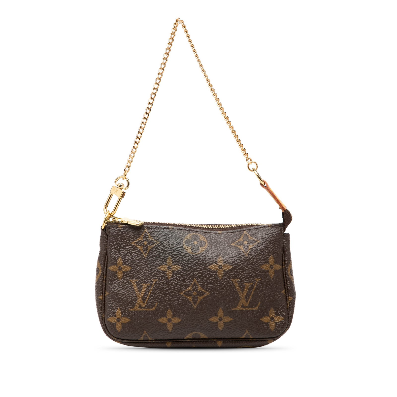 Louis Vuitton Monogram Mini Pochette Bag with Chain Strap: Louis Vuitton Monogram Mini Pochette Bag with Chain Strap Louis Vuitton Monogram Mini Pochette Accessoires in brown monogram canvas with a gold-tone chain strap and top zip closure. Made in France. Co
