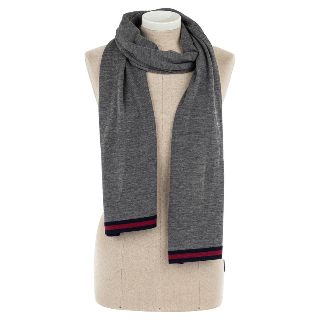 Gucci Grey Wool Shawl with Green Red Trim 16x78: Gucci Grey Wool Shawl with Green Red Trim 16x78 Elevate your style with this luxurious Gucci grey wool shawl. Measuring 16 inches in width and 78 inches in length, this versatile accessory showcases t