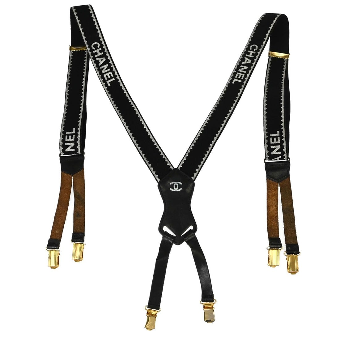 CHANEL Leather Suspenders Black Women One Size France: CHANEL Leather Suspenders Black Women One Size France Chanel black suspenders for women in good pre-owned condition. This one-size accessory is made in France and features leather and canvas construct