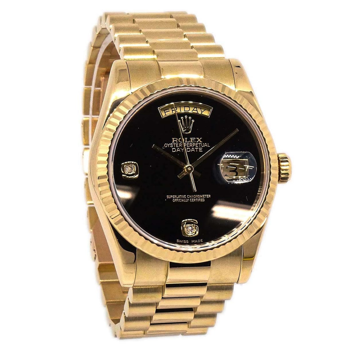 Rolex Day-Date 118238 36mm men's 18KYG watch black dial: Rolex Day-Date 118238 36mm men's 18KYG watch black dial Rolex Oyster Perpetual Day-Date 36mm Ref. 118238 wristwatch with a mechanical automatic movement. It features a black dial, gold case and band, 