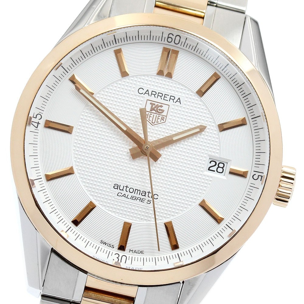 TAG Heuer Carrera Calibre 5 automatic date men's wristwatch WV215E: TAG Heuer Carrera Calibre 5 automatic date men's wristwatch WV215E TAG Heuer Carrera Calibre 5 date automatic men's wristwatch with a silver dial and stainless steel/pink gold-tone case and bracelet. 