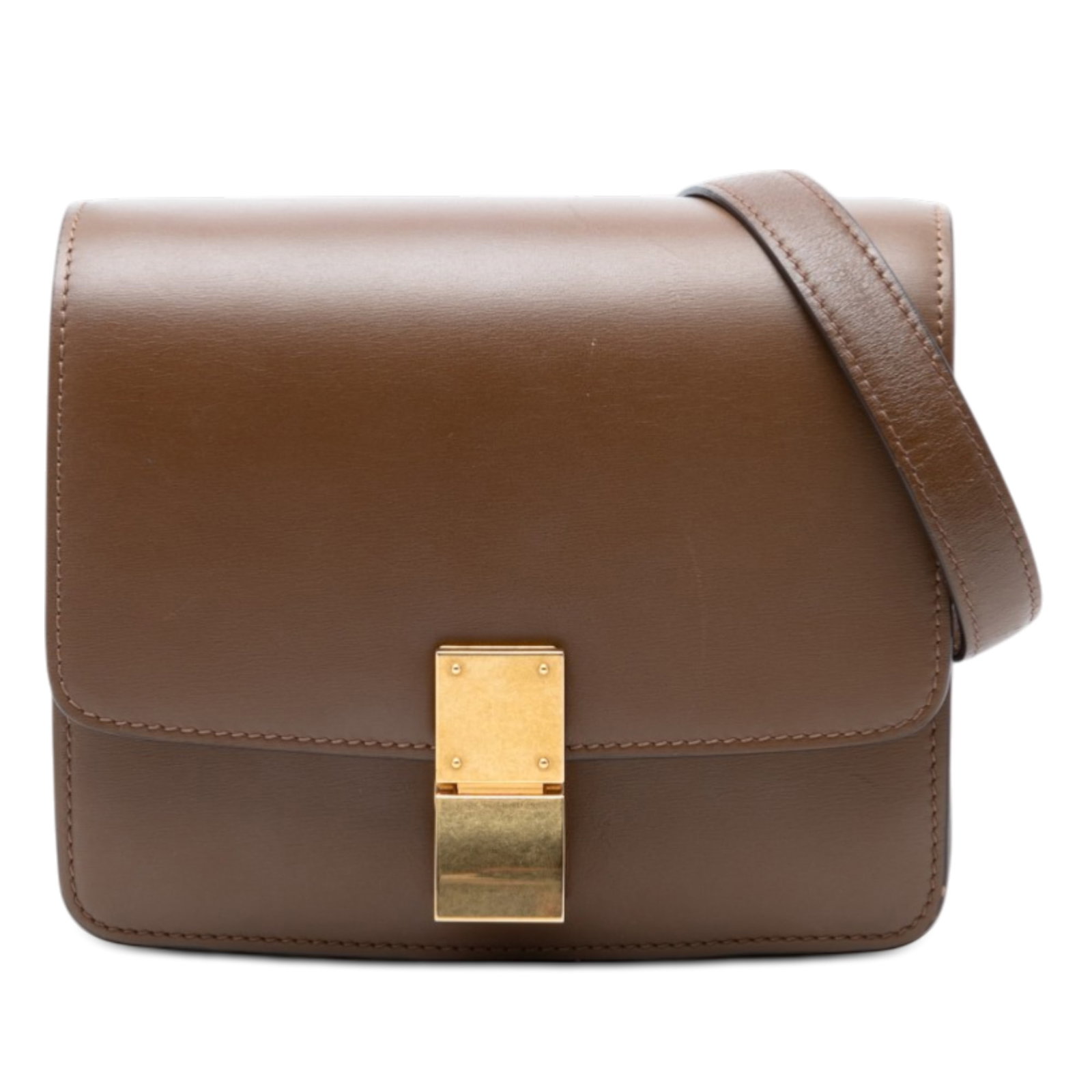 Celine Classic Box Small Brown Calfskin Leather Crossbody Bag: Celine Classic Box Small Brown Calfskin Leather Crossbody Bag This Celine Small Calfskin Classic Box crossbody bag features a brown leather body, a flat leather strap, a front flap with a metal lock c