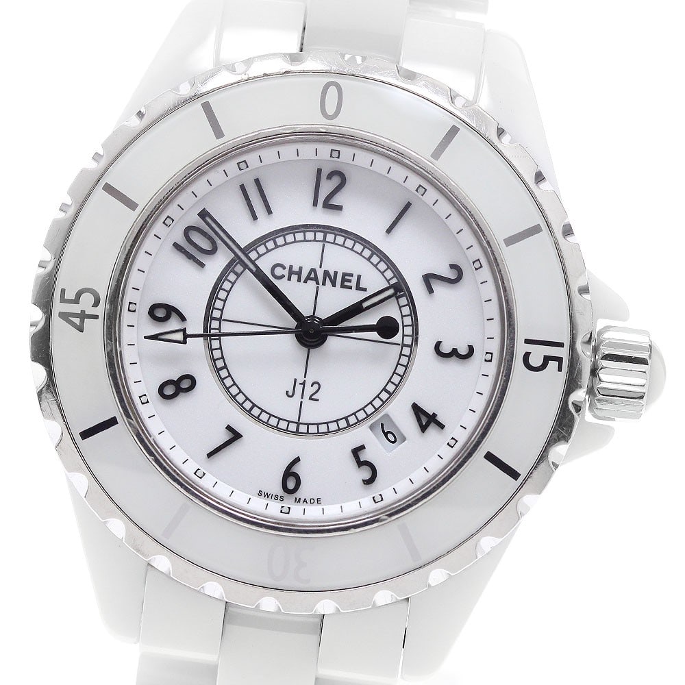 CHANEL J12 H0968 33mm White Ceramic Quartz Date Wristwatch: CHANEL J12 H0968 33mm White Ceramic Quartz Date Wristwatch CHANEL J12 wristwatch featuring a white dial, quartz movement, and date display. This women's watch has a ceramic and stainless steel case wi