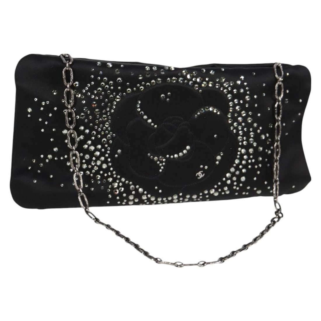 CHANEL Camellia CC Satin Accessory Pouch Black Rhinestone Chain: CHANEL Camellia CC Satin Accessory Pouch Black Rhinestone Chain Black satin accessory pouch from Chanel with a camellia rhinestone chain accent and CC detail. Made in Italy, this women's pouch include