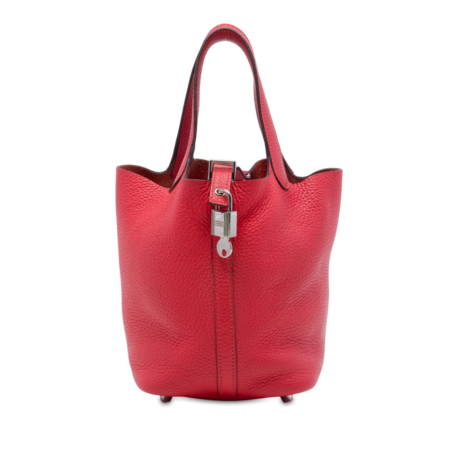 Hermes Picotin Lock 18 Clemence Leather Handbag Red: Hermes Picotin Lock 18 Clemence Leather Handbag Red The Hermes Picotin Lock 18 is a structured bucket-style bag crafted in Clemence leather with flat leather handles and an open top secured by a pull-