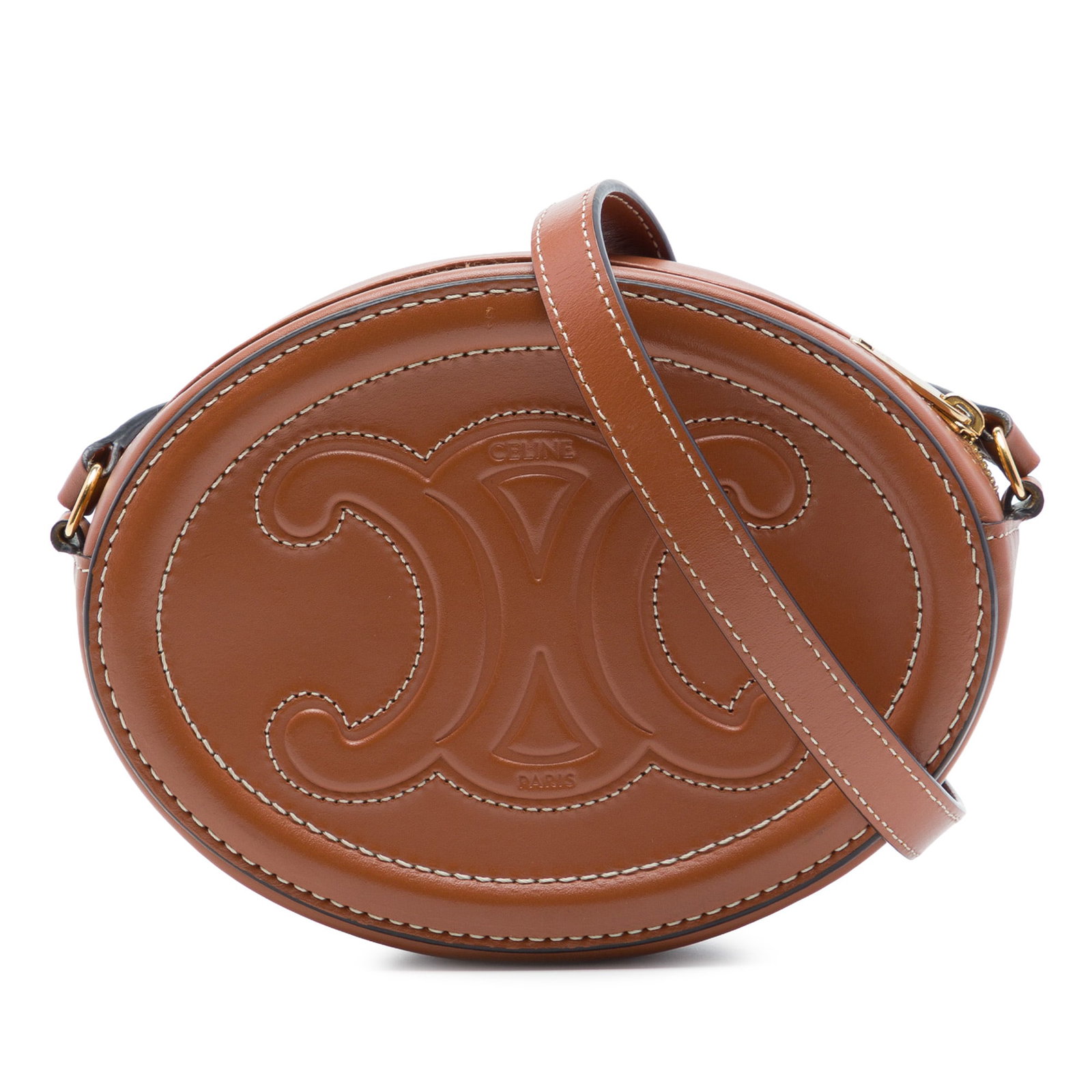 Celine Triomphe Oval Crossbody Small Calfskin Leather Bag Brown: Celine Triomphe Oval Crossbody Small Calfskin Leather Bag Brown A compact Celine Triomphe Oval Crossbody crafted in embossed calfskin leather with a structured oval silhouette. This brown crossbody fe