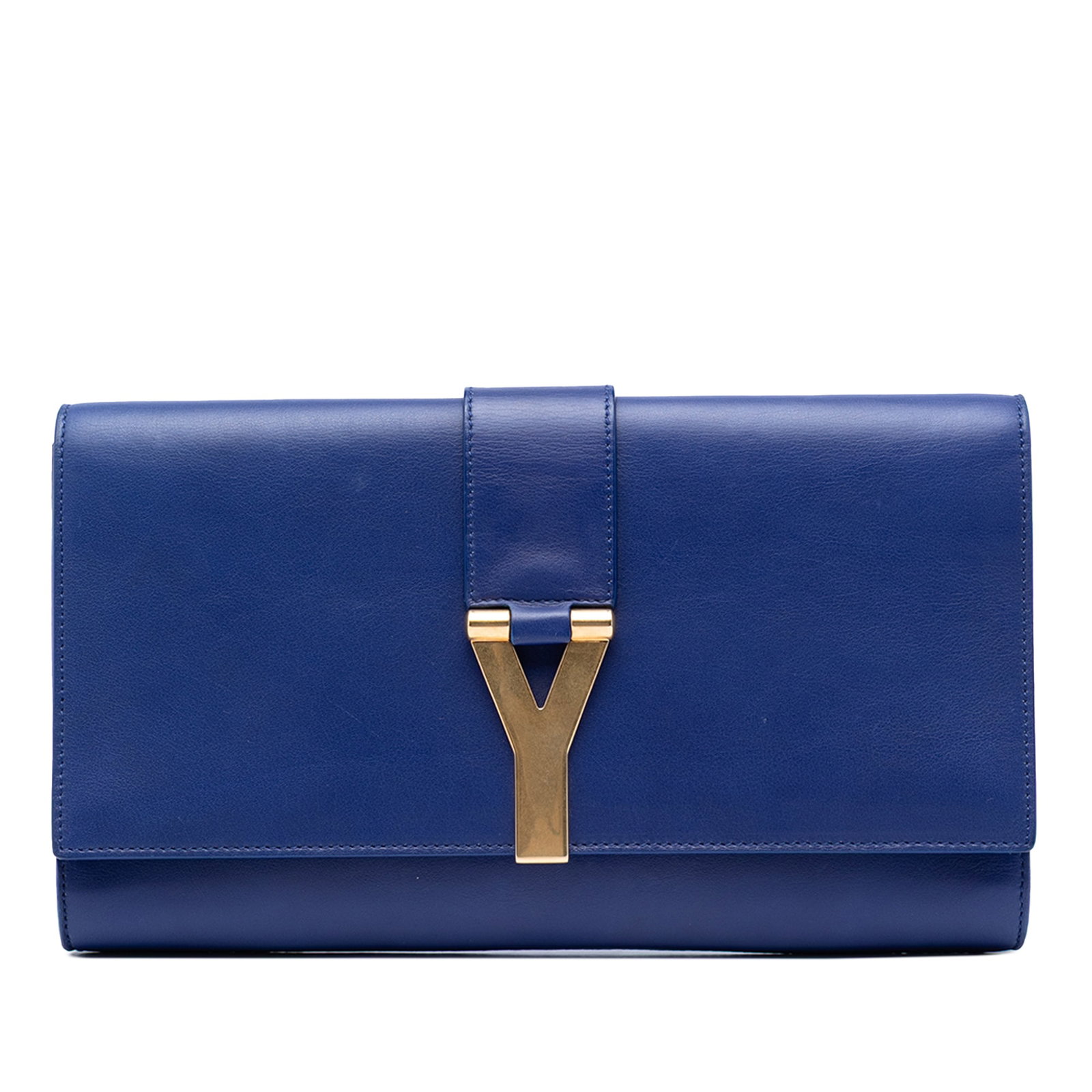 Saint Laurent Chyc Ligne Leather Clutch Blue Y Hardware: Saint Laurent Chyc Ligne Leather Clutch Blue Y Hardware Saint Laurent Chyc Ligne clutch in blue leather with a front flap, gold-tone Y hardware, magnetic snap closure, and an interior slip pocket. Mad