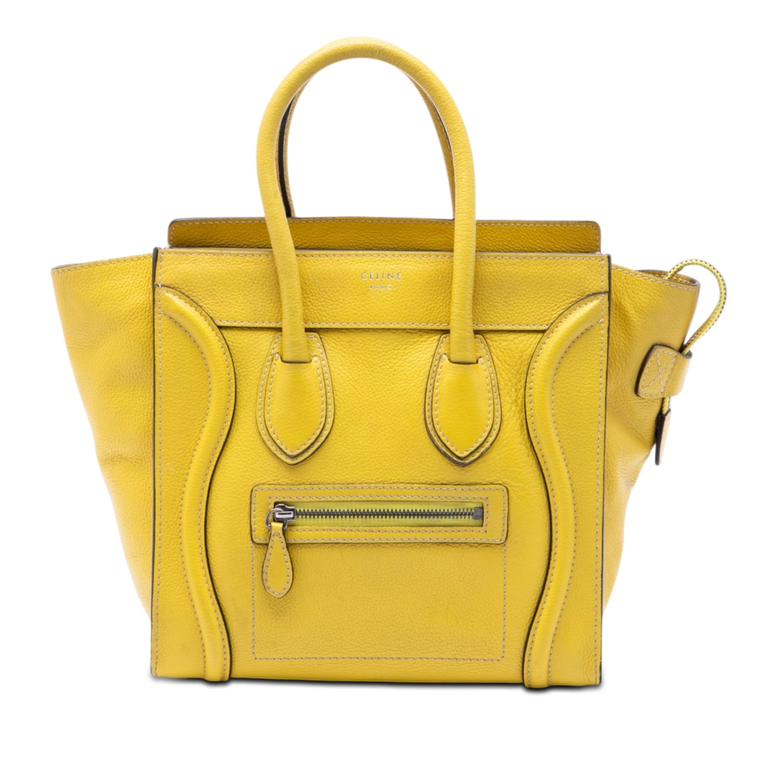 Celine Micro Luggage Leather Tote Bag Yellow: Celine Micro Luggage Leather Tote Bag Yellow Celine Micro Luggage tote crafted in yellow leather with rolled leather handles, a top zip closure, an exterior front zip pocket, and an interior zip pocke