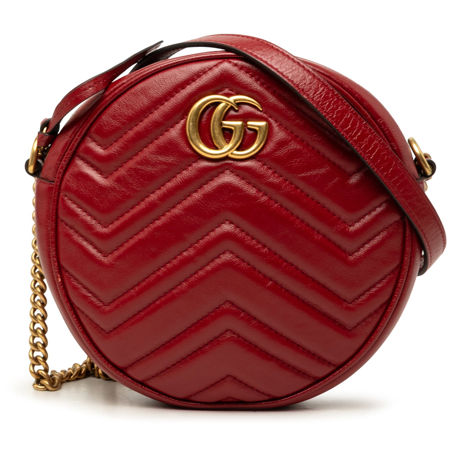 Gucci GG Marmont Mini Round Crossbody Bag Red Leather: Gucci GG Marmont Mini Round Crossbody Bag Red Leather Gucci Mini GG Marmont Matelasse Leather Round Crossbody in red quilted leather. This round crossbody bag features a chain link strap with a leathe