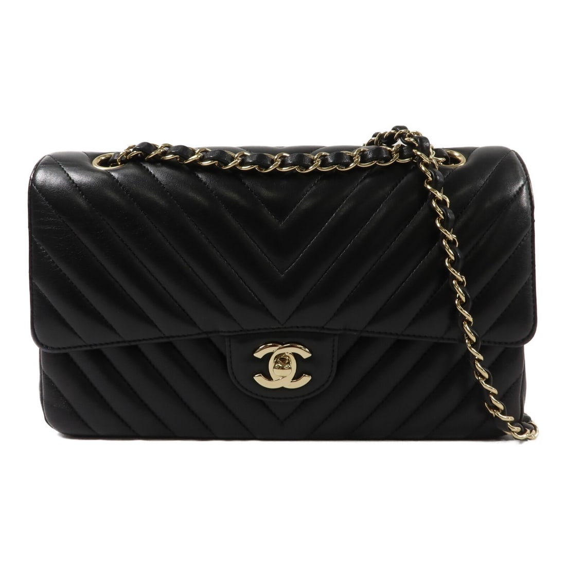 CHANEL A01112 Classic 25 Shoulder Bag Black Lambskin CC SHW: CHANEL A01112 Classic 25 Shoulder Bag Black Lambskin CC SHW A CHANEL Classic 25 chain shoulder bag in black lambskin leather with silver-tone hardware. It features a turn-lock closure, an exterior ope