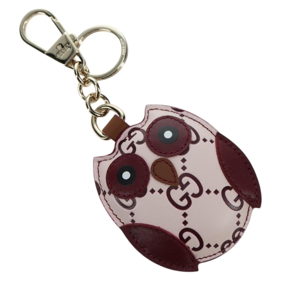 GUCCI Owl Bag Charm Pink Gold GG Embossed Leather: GUCCI Owl Bag Charm Pink Gold GG Embossed Leather Gucci GG embossed leather owl bag charm in pink and gold. This women's accessory is crafted in Italy and includes the dust bag and item box. It is in 