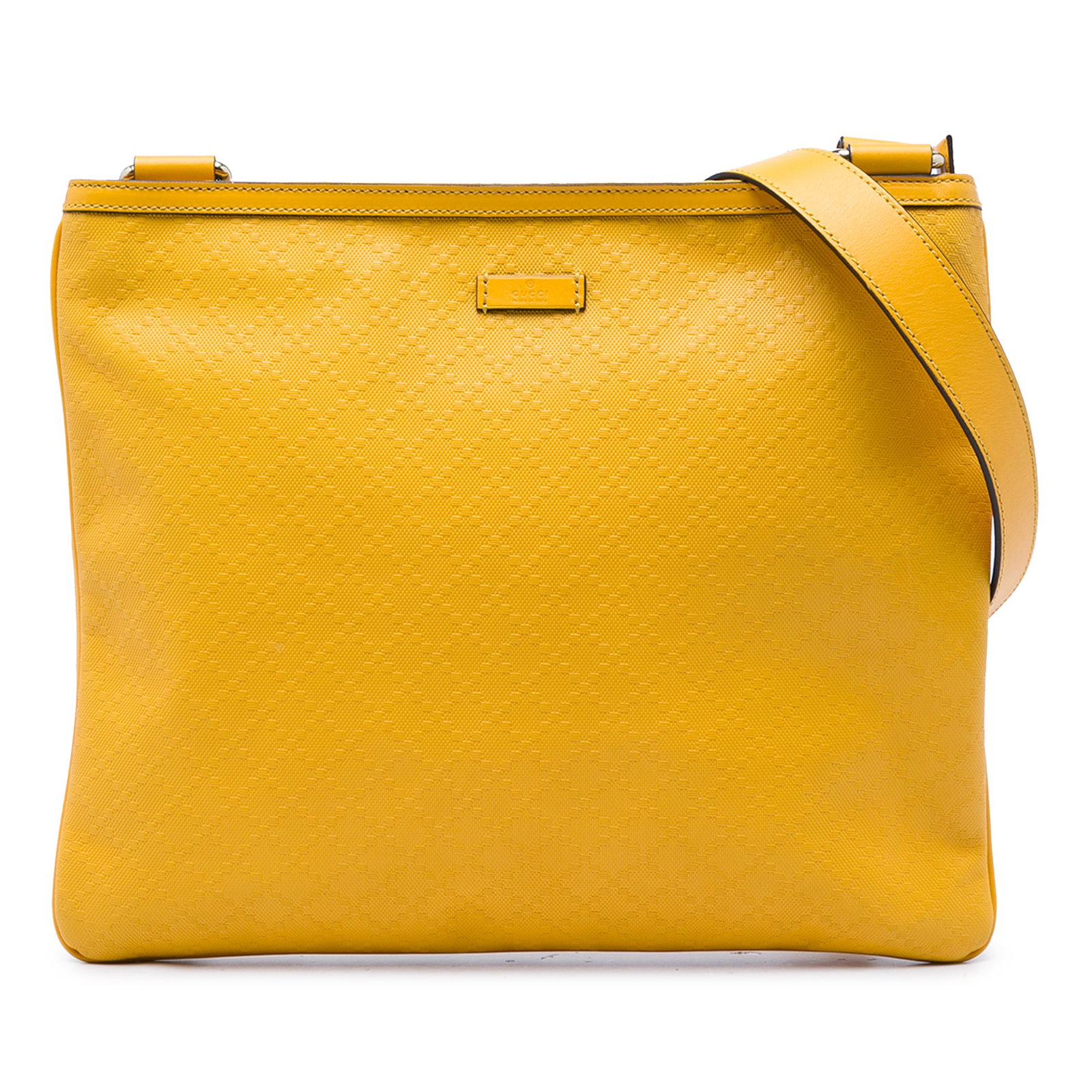 Gucci Diamante Hilary Lux Leather Crossbody Bag Yellow: Gucci Diamante Hilary Lux Leather Crossbody Bag Yellow Gucci Diamante Hilary Lux Crossbody in yellow leather with a flat leather strap, top zip closure, and an interior with zip and slip pockets. Made