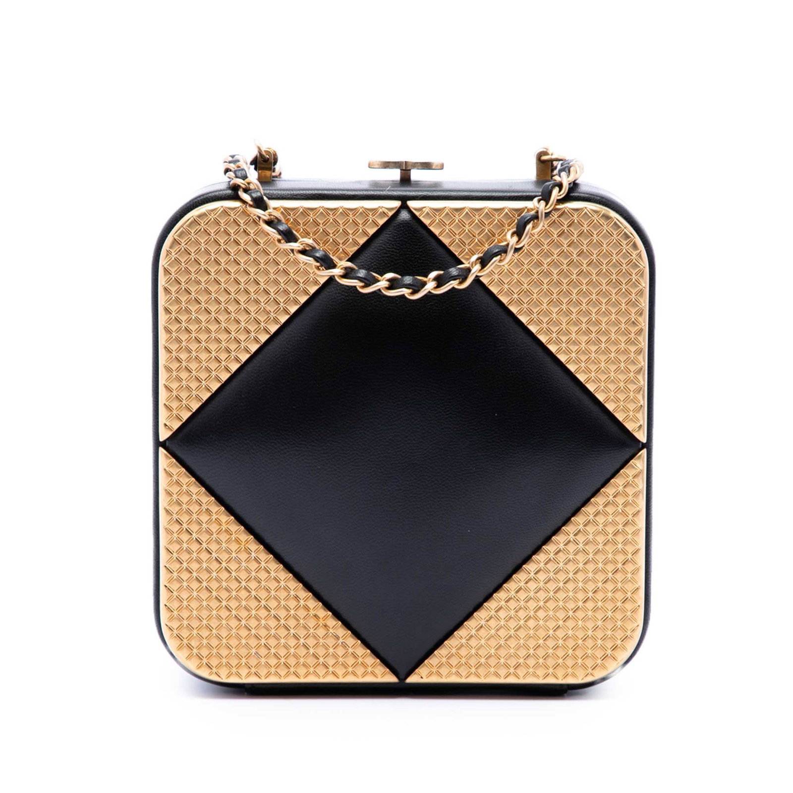 Chanel CC Square Chain Clutch Lambskin Leather Black: Chanel CC Square Chain Clutch Lambskin Leather Black Compact Chanel square clutch crafted in black lambskin with metal detailing. This versatile bag features a leather-woven chain strap and a top push