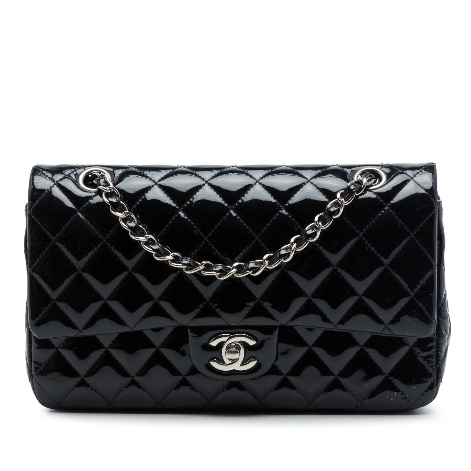 Chanel Medium Classic Double Flap Patent Leather Shoulder Bag: Chanel Medium Classic Double Flap Patent Leather Shoulder Bag Medium Classic Patent Double Flap shoulder bag in black quilted patent leather with leather-woven chain shoulder straps and a CC turn-lock