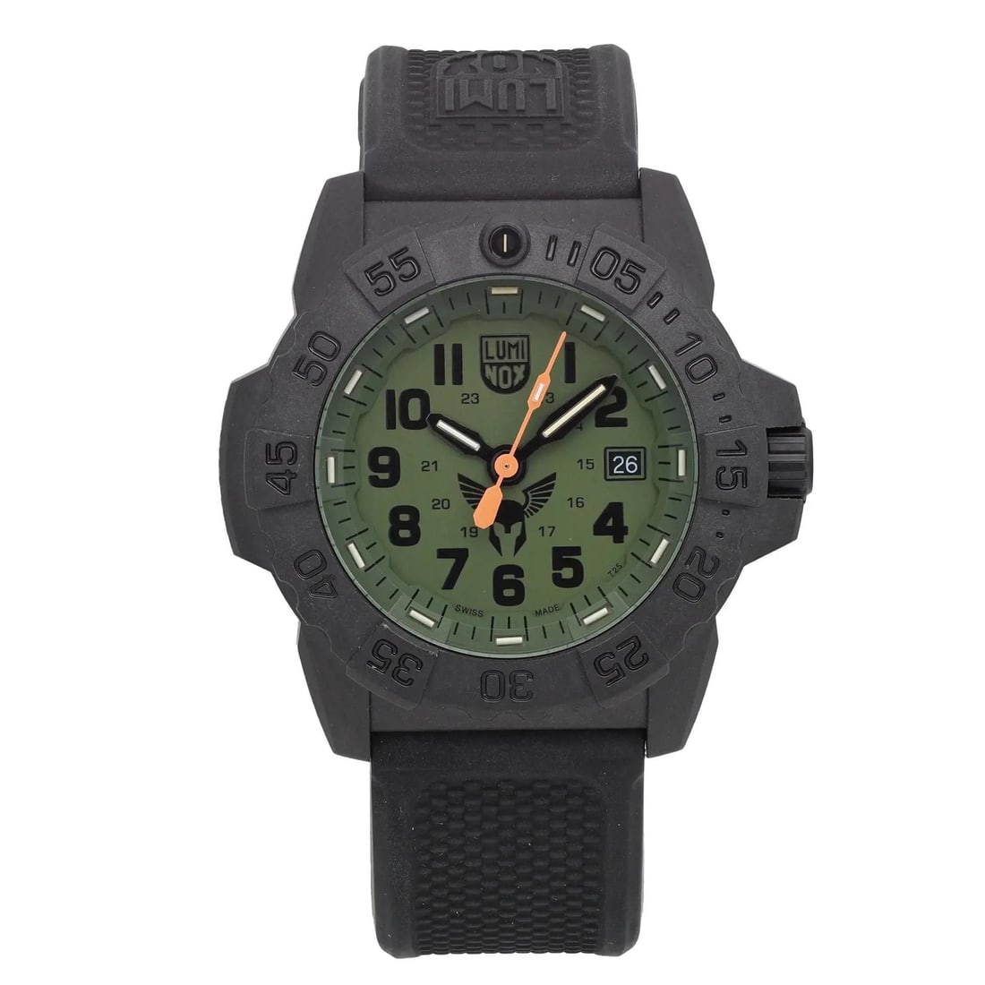 Luminox Navy Seal 45mm Quartz Diver Watch Green Dial Black Carbon Rubber Strap: Luminox Navy Seal 45mm Quartz Diver Watch Green Dial Black Carbon Rubber Strap Introducing the Luminox Navy Seal 45mm Quartz Men's Watch, designed for durability and functionality. This wristwatch fea