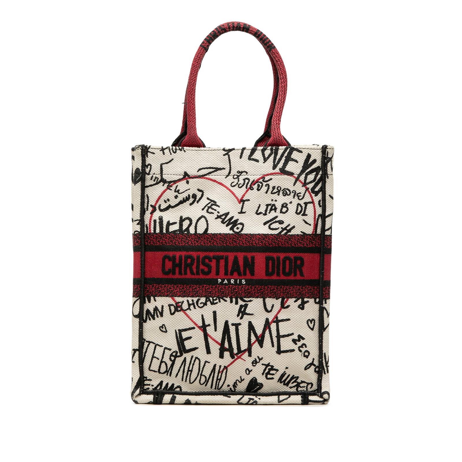 Dior DiorAmour Vertical Book Tote in embroidered graffiti canvas: Dior DiorAmour Vertical Book Tote in embroidered graffiti canvas DiorAmour Vertical Book Tote in embroidered canvas with a graffiti design. This open-top tote features rolled handles and is made in It